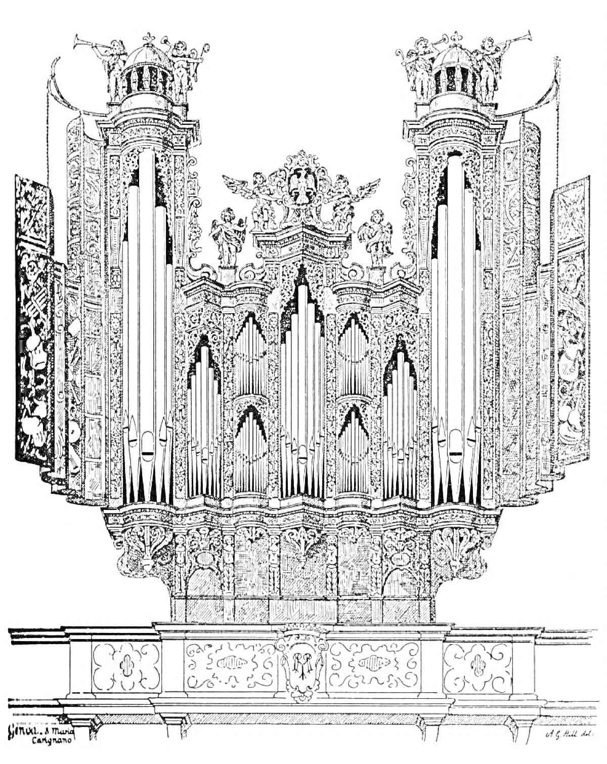Орган с декоративными элементами, состоящий из труб, украшений и резных деталей