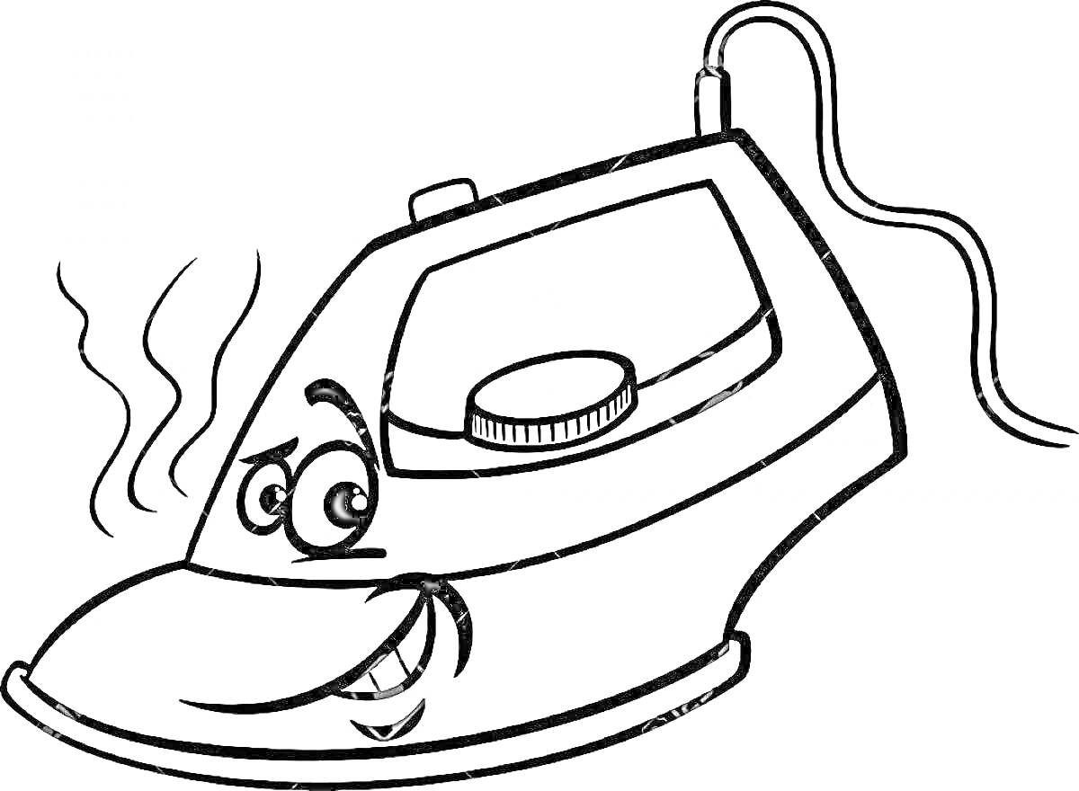 Раскраска Улыбающийся утюг с кнопкой регулировки и проводом, издающий пар