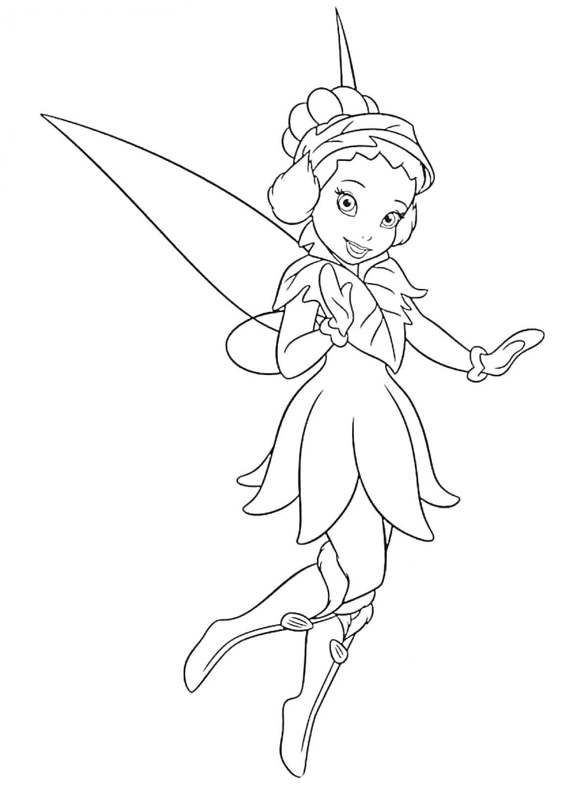 Раскраска Фея Динь-Динь с крыльями и в платье, позирует в прыжке