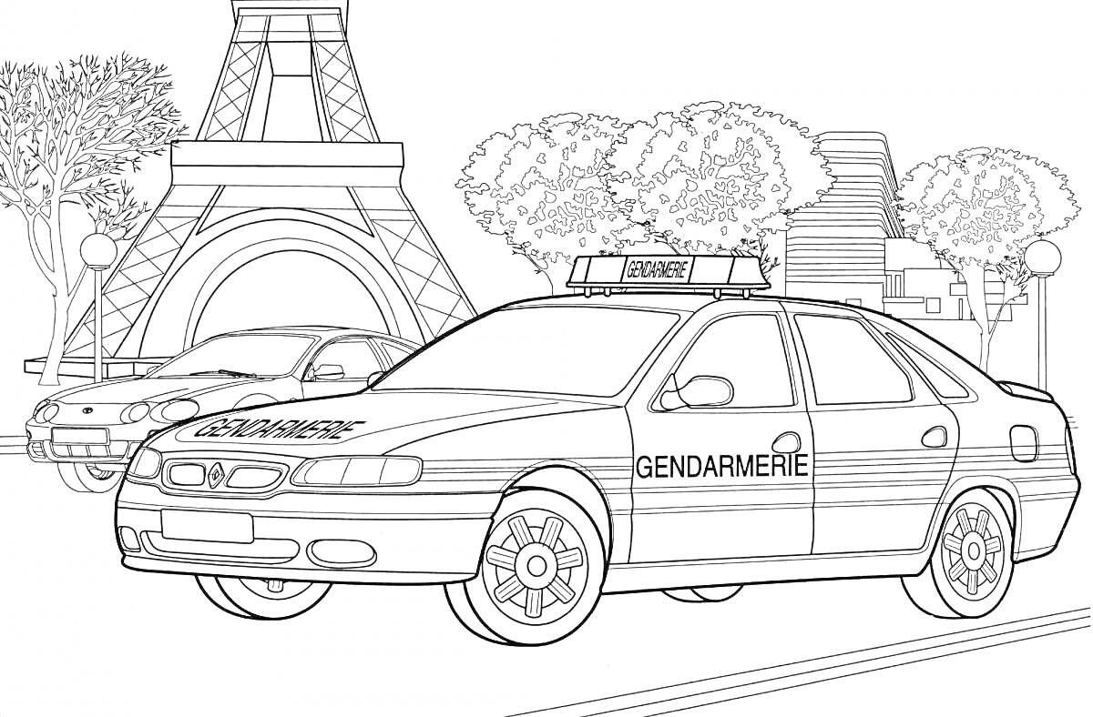 На раскраске изображено: Полицейская машина, Полиция, Машины, Транспорт, Эйфелева башня, Париж, Деревья, Города, Улицы