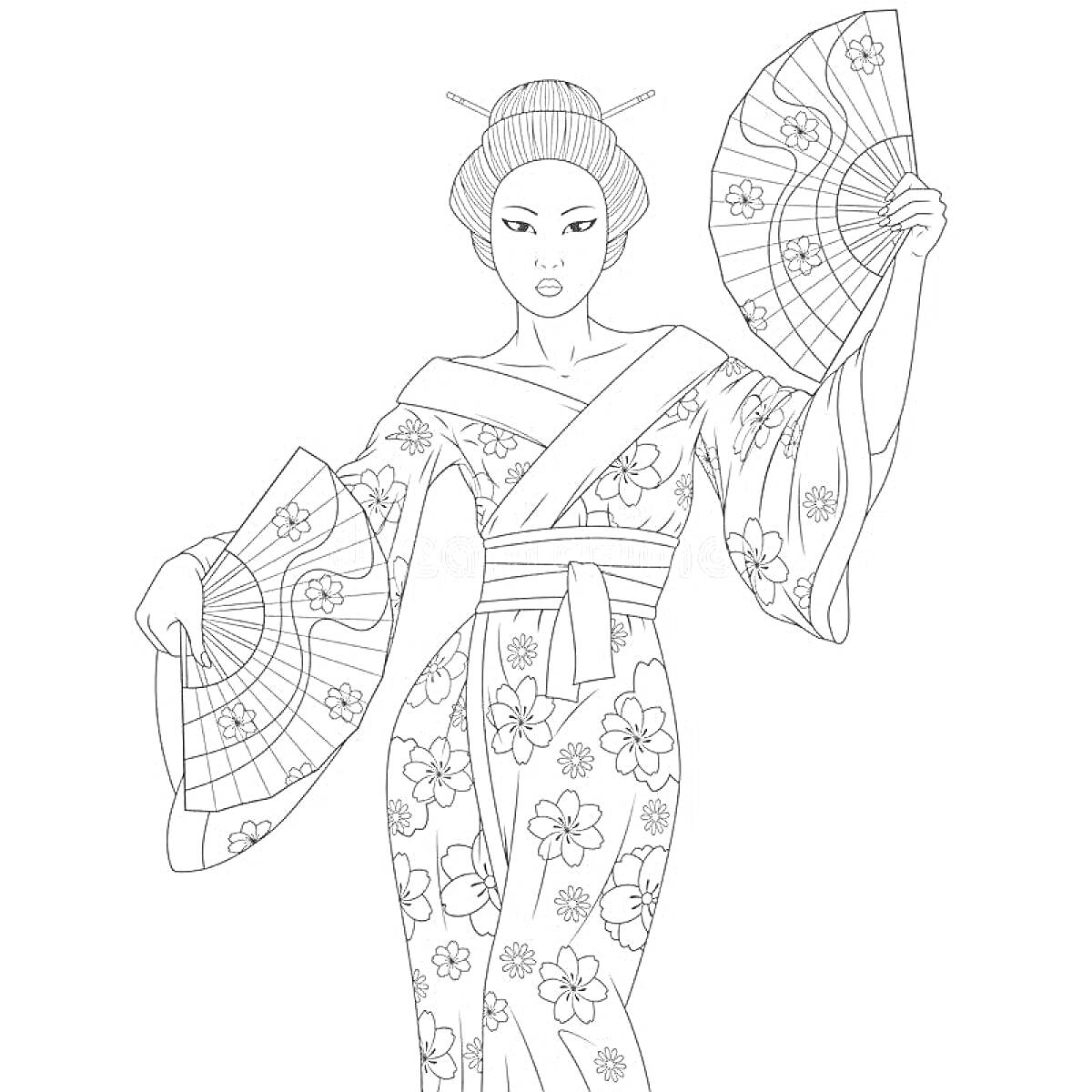 Раскраска Японка в кимоно с веерами и цветочным узором