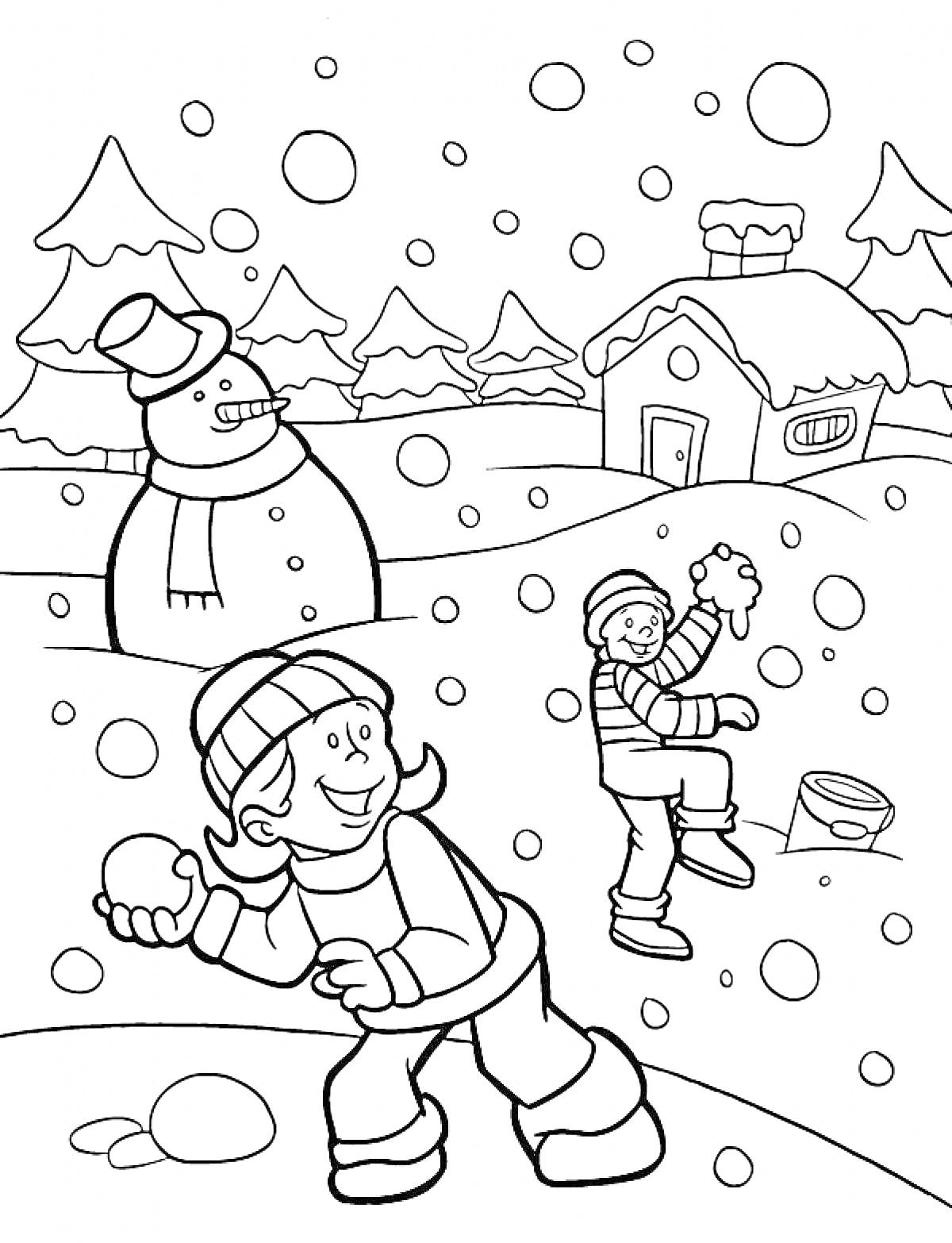 Раскраска Дети играют в снежки возле снежной бабы и домика в зимнем лесу