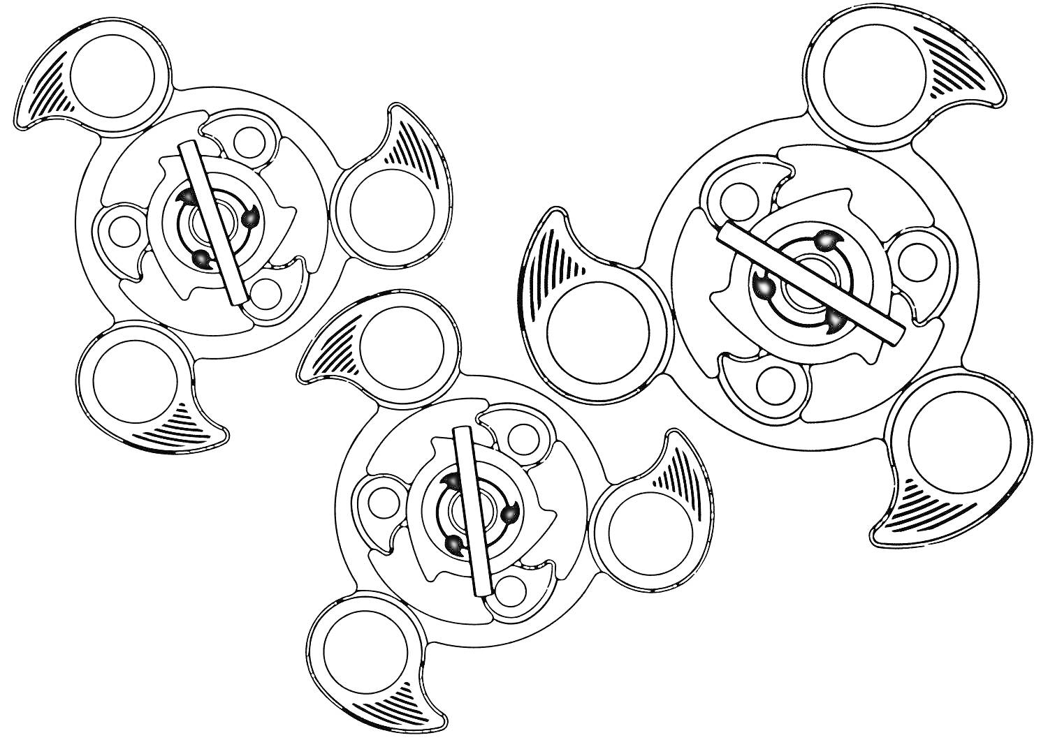 Раскраска Три спиннера с тремя лопастями и круглыми элементами