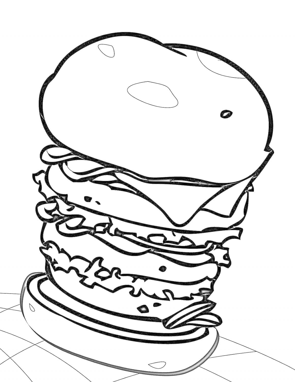 Раскраска Бургер с салатом, сыром и множеством начинок