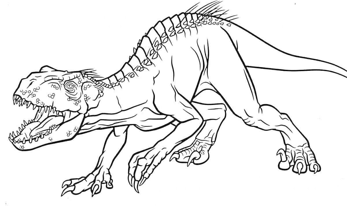 Хищный динозавр с шипами на спине, открывающий пасть, с четырьмя когтистыми конечностями