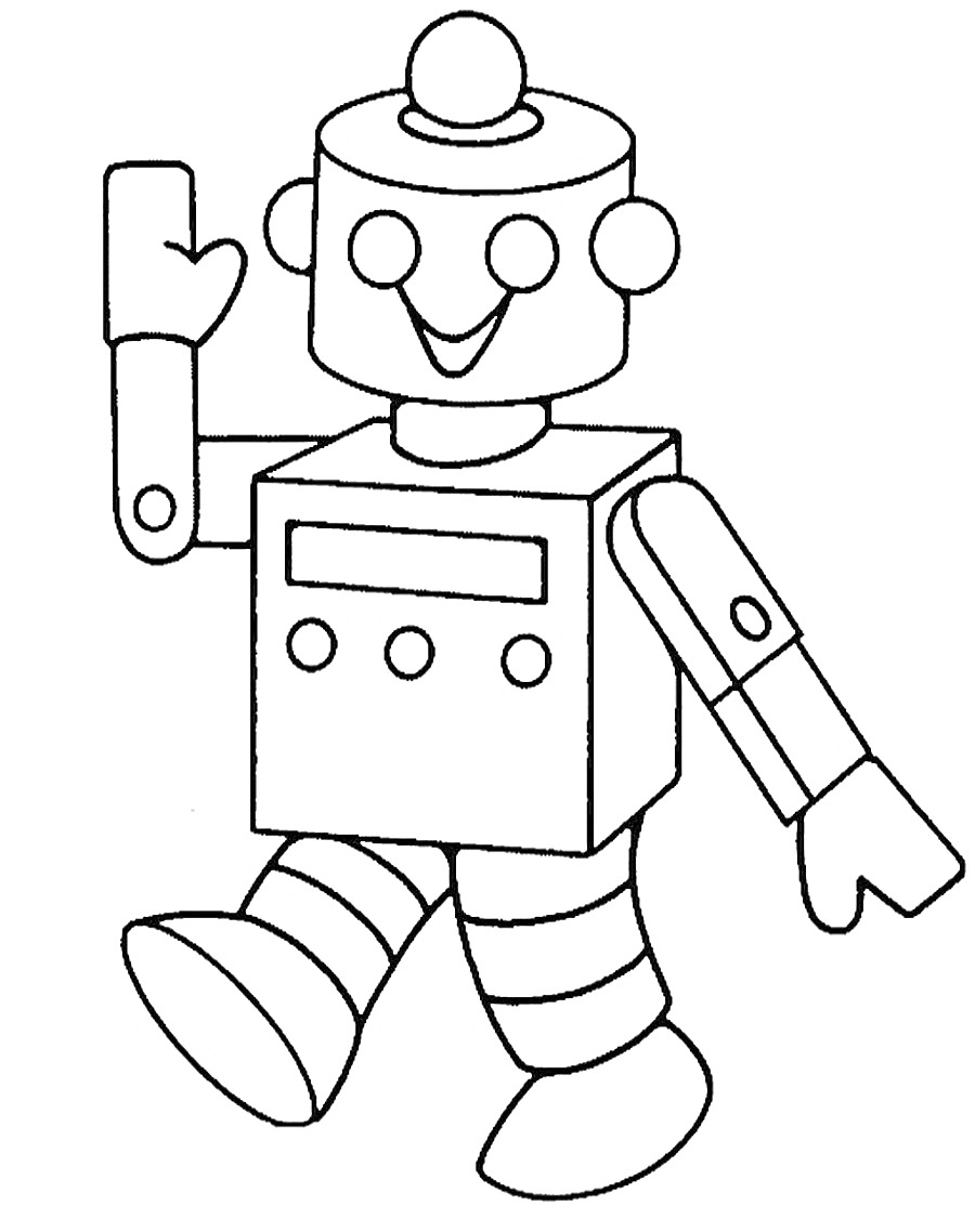Робот с круглой головой и большим кубическим телом, поднятая рука, улыбающееся лицо, кнопки на туловище