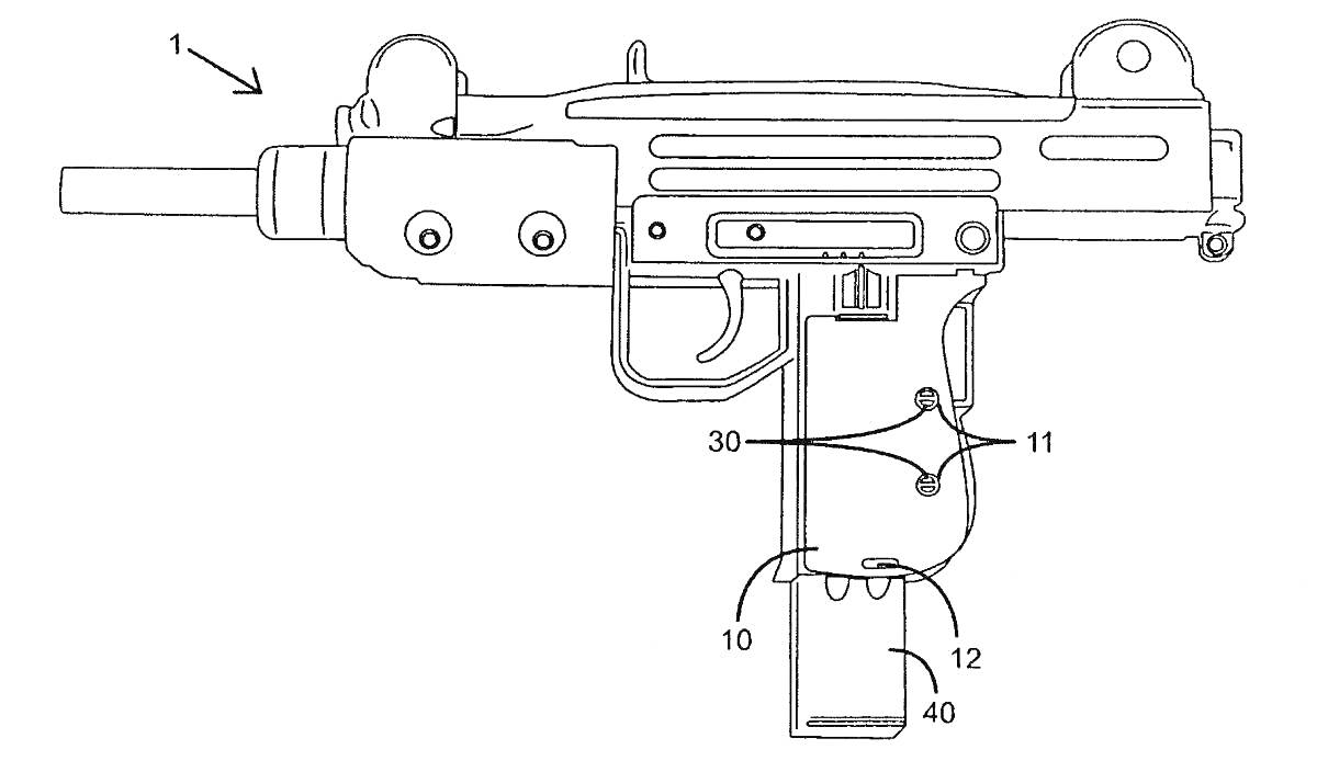 Рисунок схемы оружия Узи с номерными обозначениями компонентов
