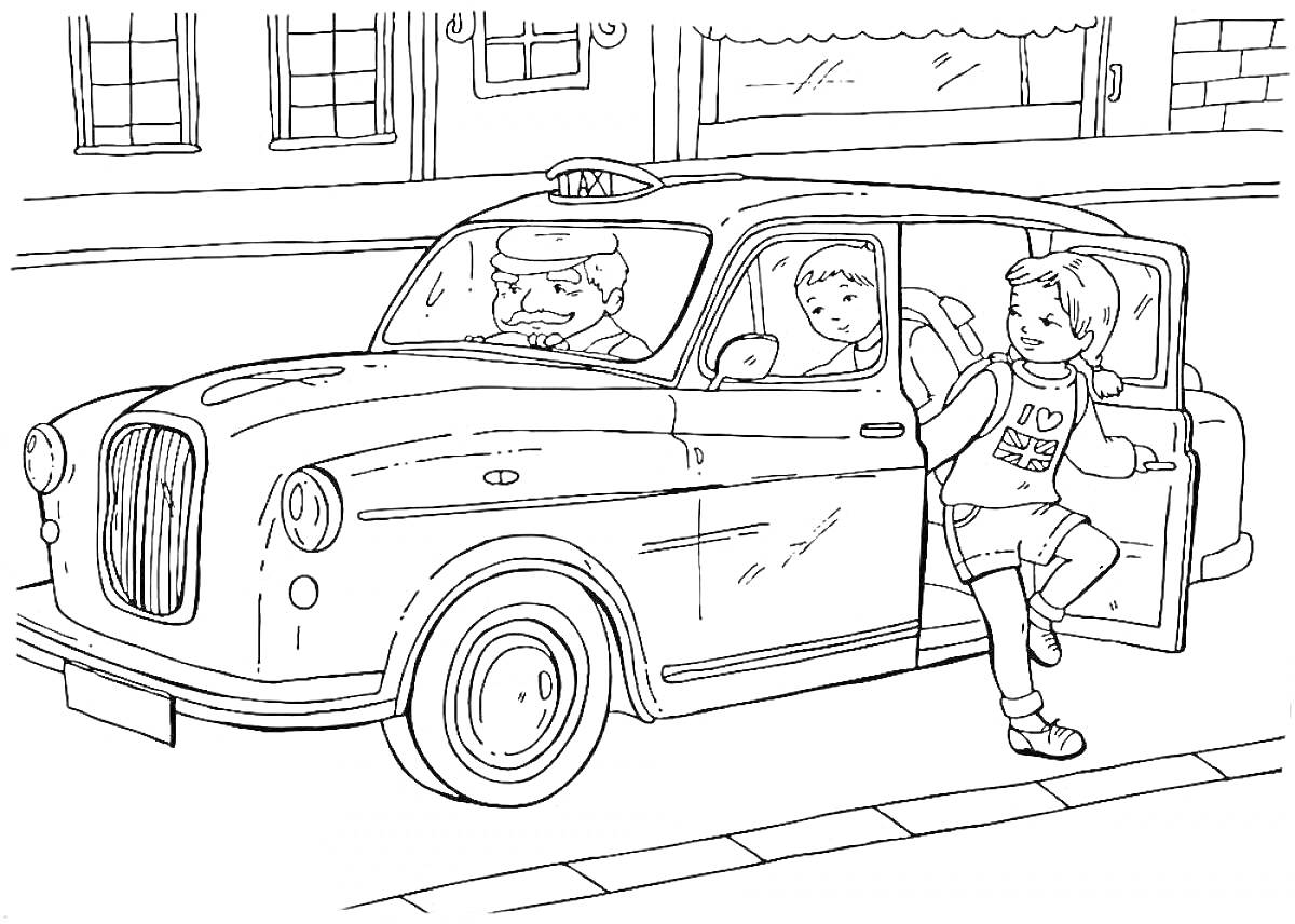 Лондонский такси с водителем и пассажирами (двумя детьми), выходящими на улицу с зданиями на заднем плане.