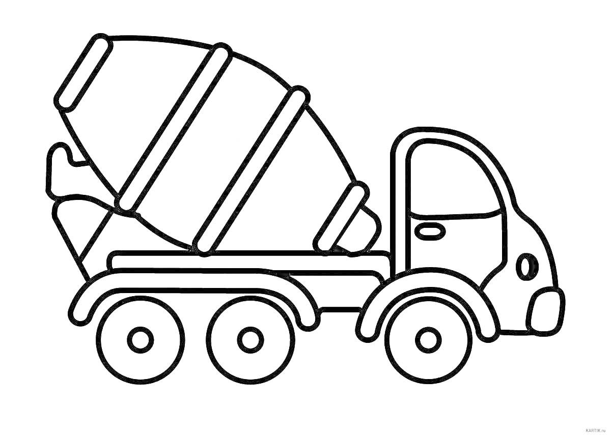 Детская раскраска грузовика-бетономешалки с тремя осями, кабиной водителя и вращающимся миксером