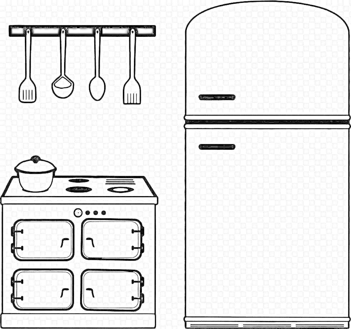 Раскраска Кухня с плитой, холодильником, тремя поварешками и кастрюлей