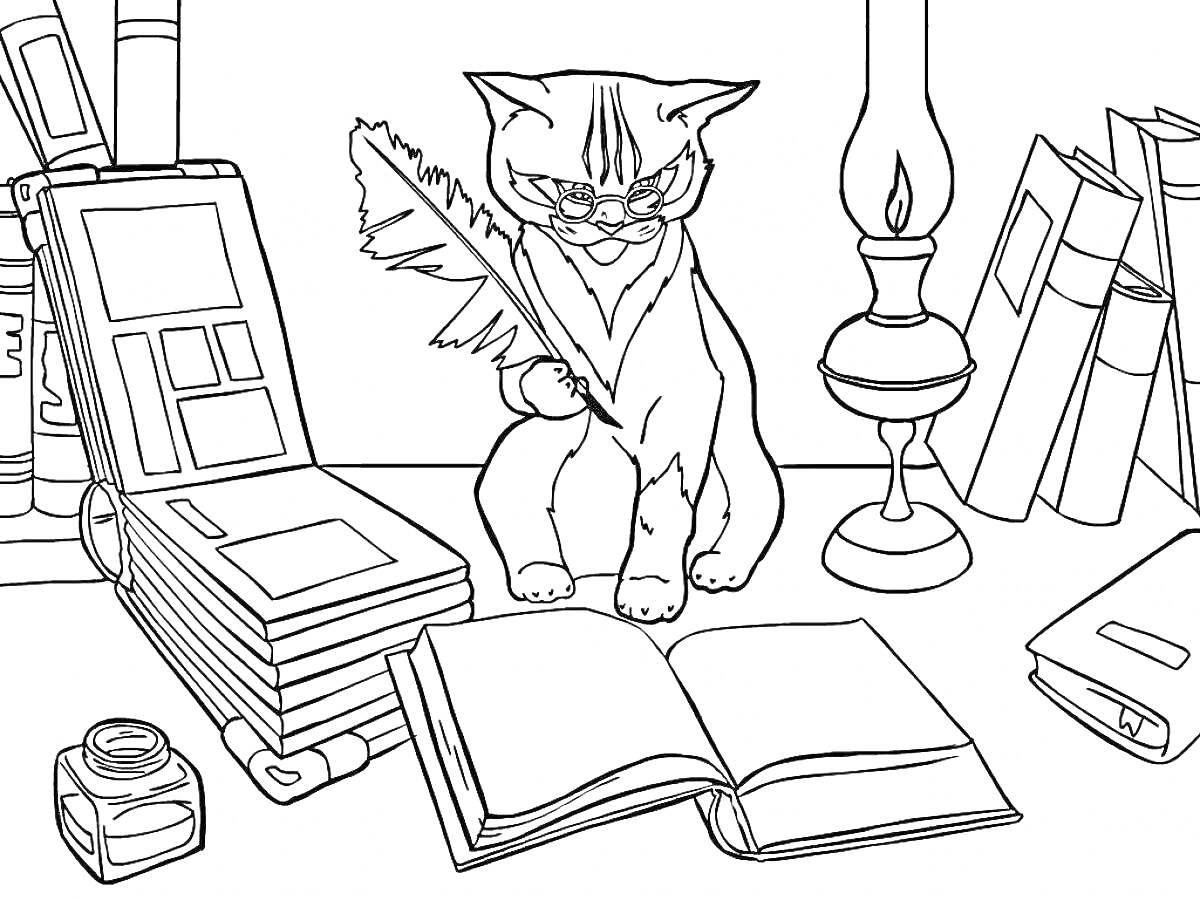 Кот у письменного стола с книгами, лампой и пером