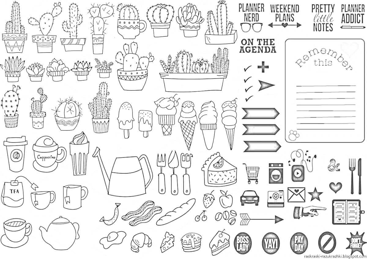 Раскраска мини кактусы, мини еда, планировщик, кофейные и чайные принадлежности