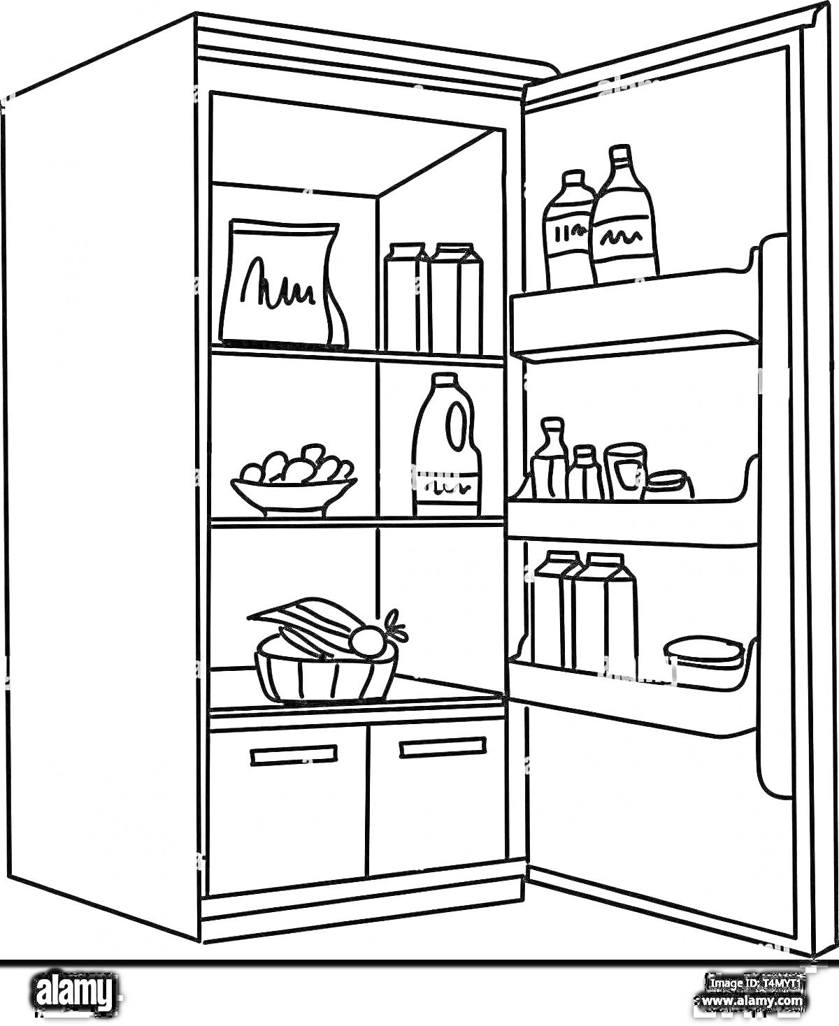 На раскраске изображено: Холодильник, Продукты, Пакет, Йогурт, Корзина, Фрукты, Овощи, Кухня, Еда, Дом
