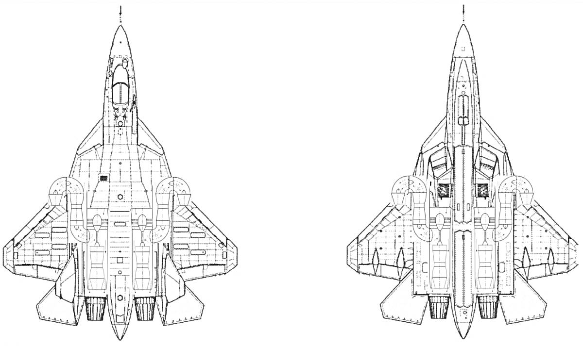 Раскраска Чертежи истребителя Су-57, виды сверху и снизу с детализацией конструктивных элементов