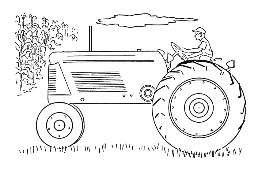 На раскраске изображено: Трактор, Прицеп, Облака, Водитель, Сельское хозяйство, Сельская местность, Фермер