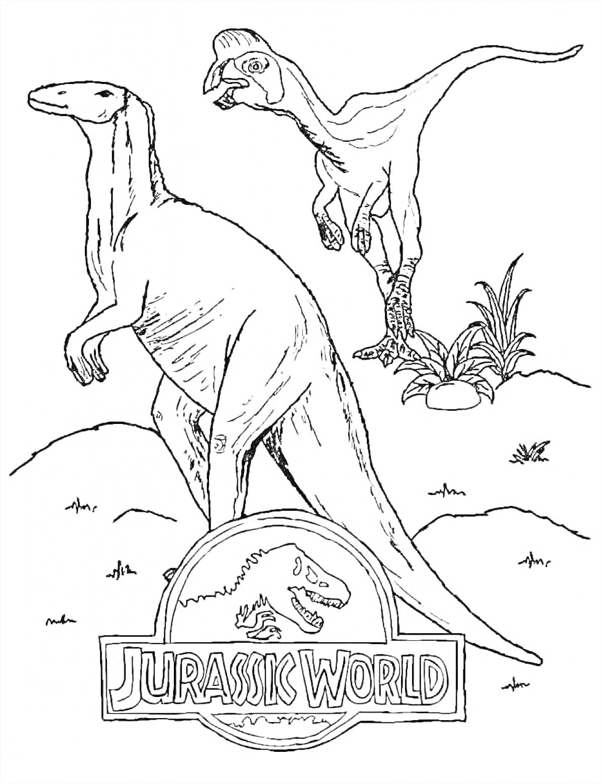 Раскраска два динозавра и логотип фильма Юрский мир, растительность, холмы