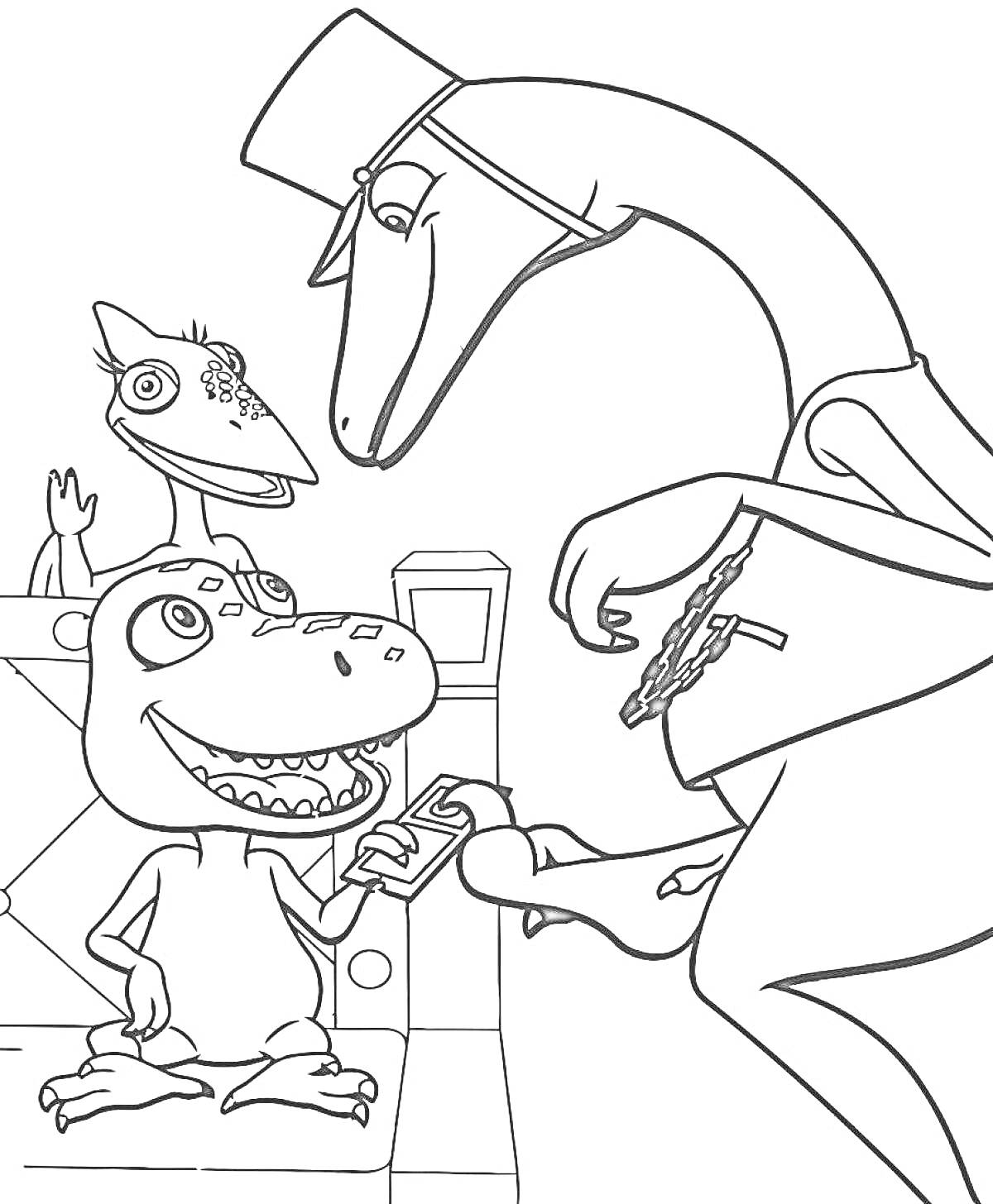 Раскраска Два динозавра, один из которых является пассажиром с билетом, а другой — контролером на поездной станции