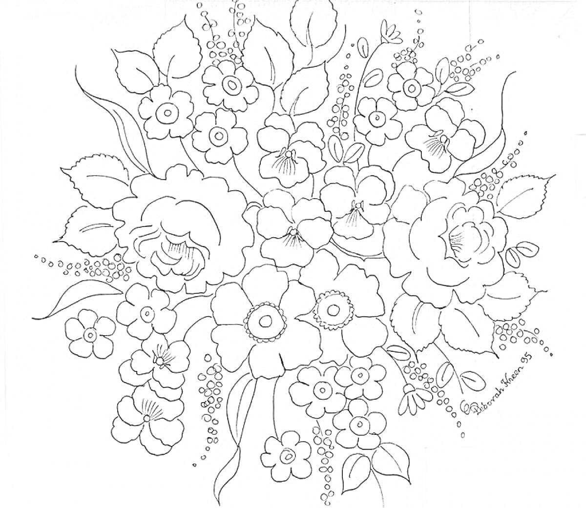 Раскраска Жостовский букет - цветы и листья в традиционном стиле