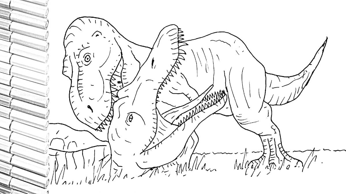 Раскраска с изображением индоминуса рекса, дерущегося с другим динозавром, и набор цветных карандашей