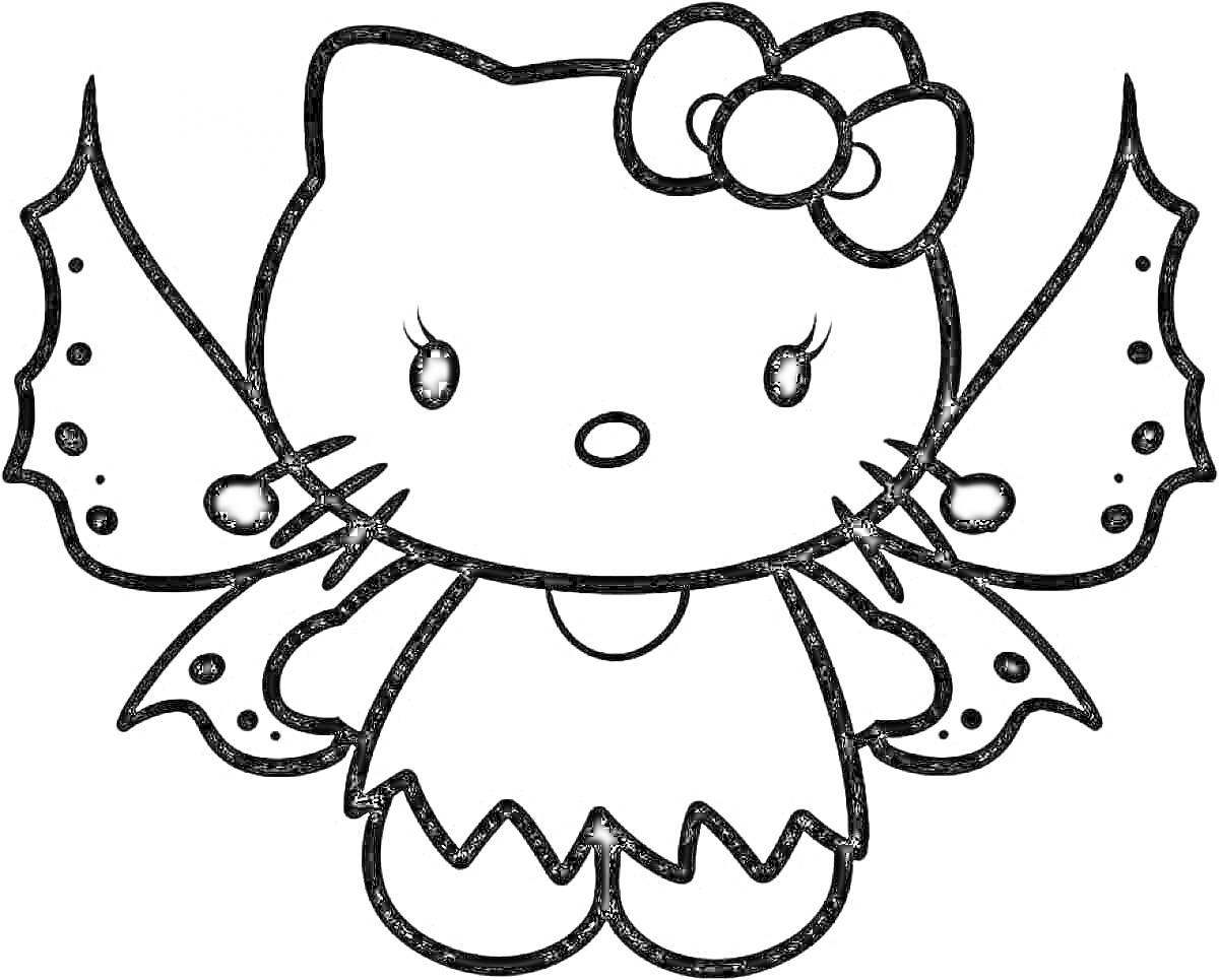 Раскраска Кошечка в платье с крыльями и бантом на голове