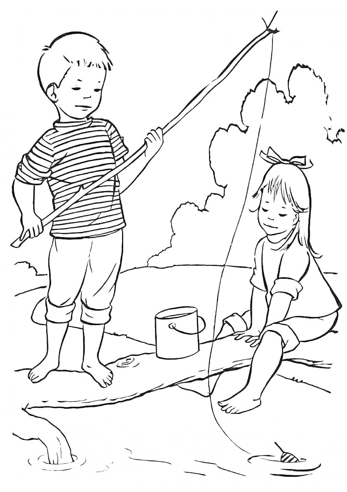 На раскраске изображено: Рыбалка, Удочка, Мальчик, Девочка, Река, Природа, Облака