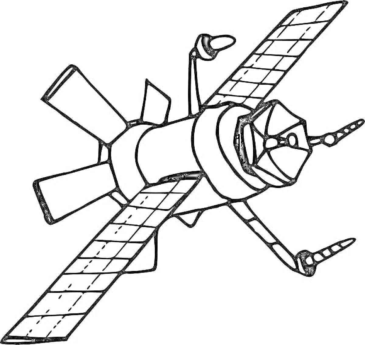 Раскраска Спутник с антеннами и солнечными панелями