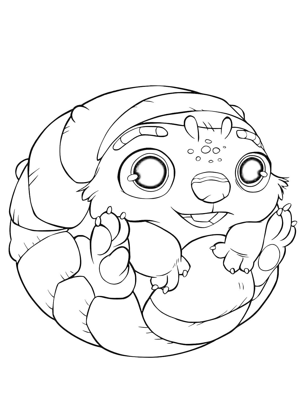 Раскраска Маленькое существо в полосатом шарфе, свернутое в клубок