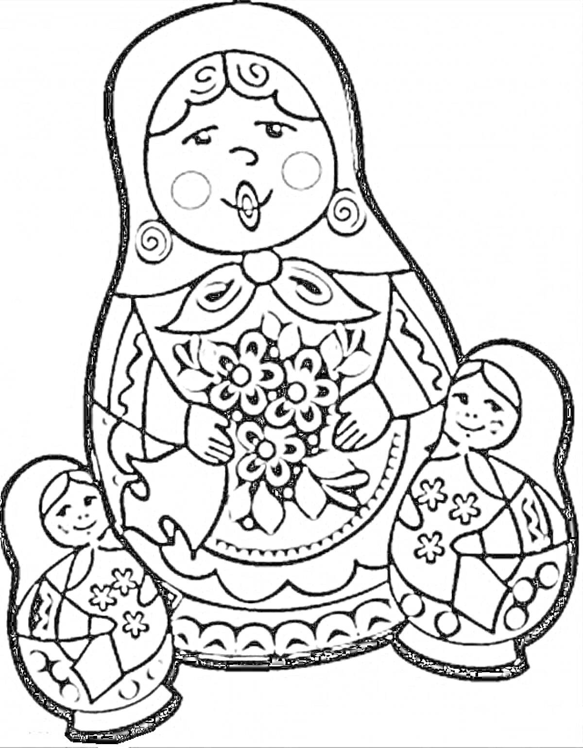 Раскраска Матрешка с двумя маленькими матрешками, держащая букет цветов
