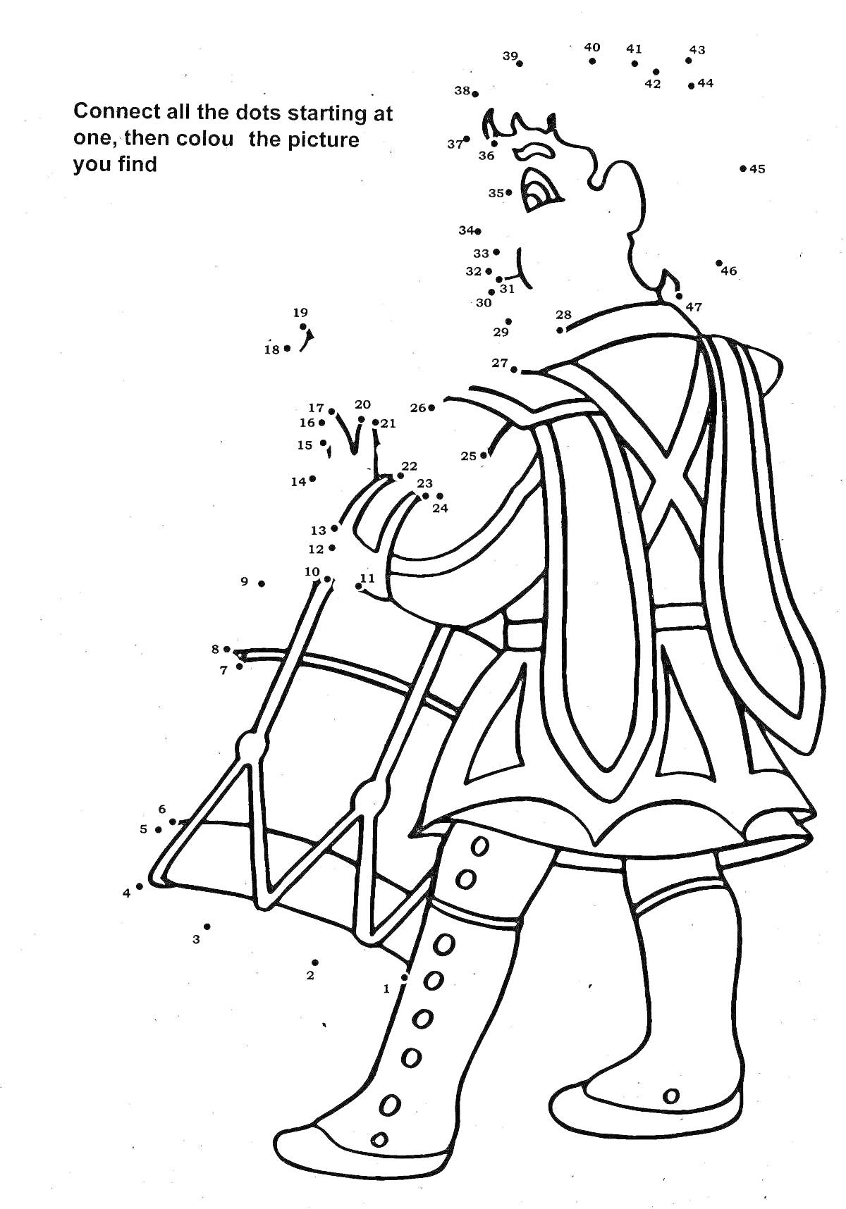 Раскраска Барабанщик в военной униформе с барабаном, соединение точек и раскраска