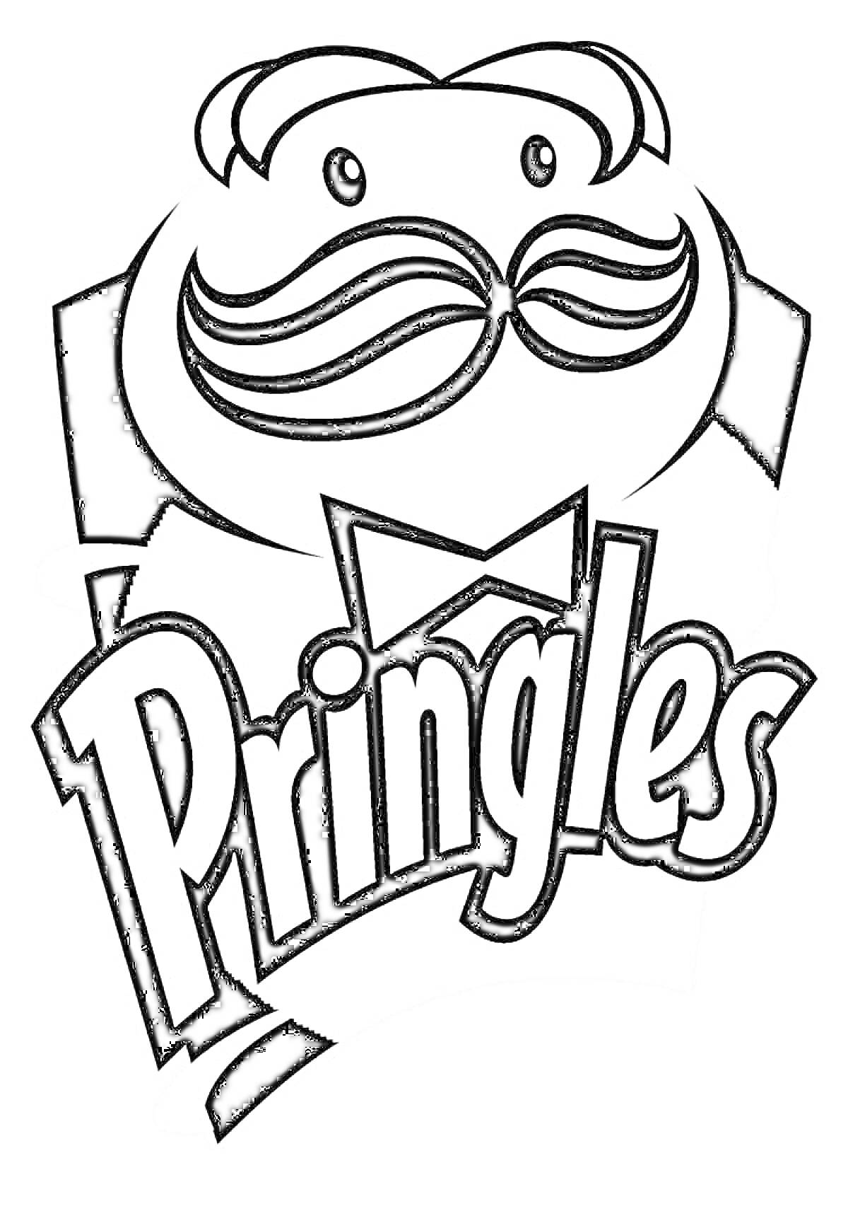 РаскраскаЛоготип Pringles с изображением головы мужчины с усами и бантом