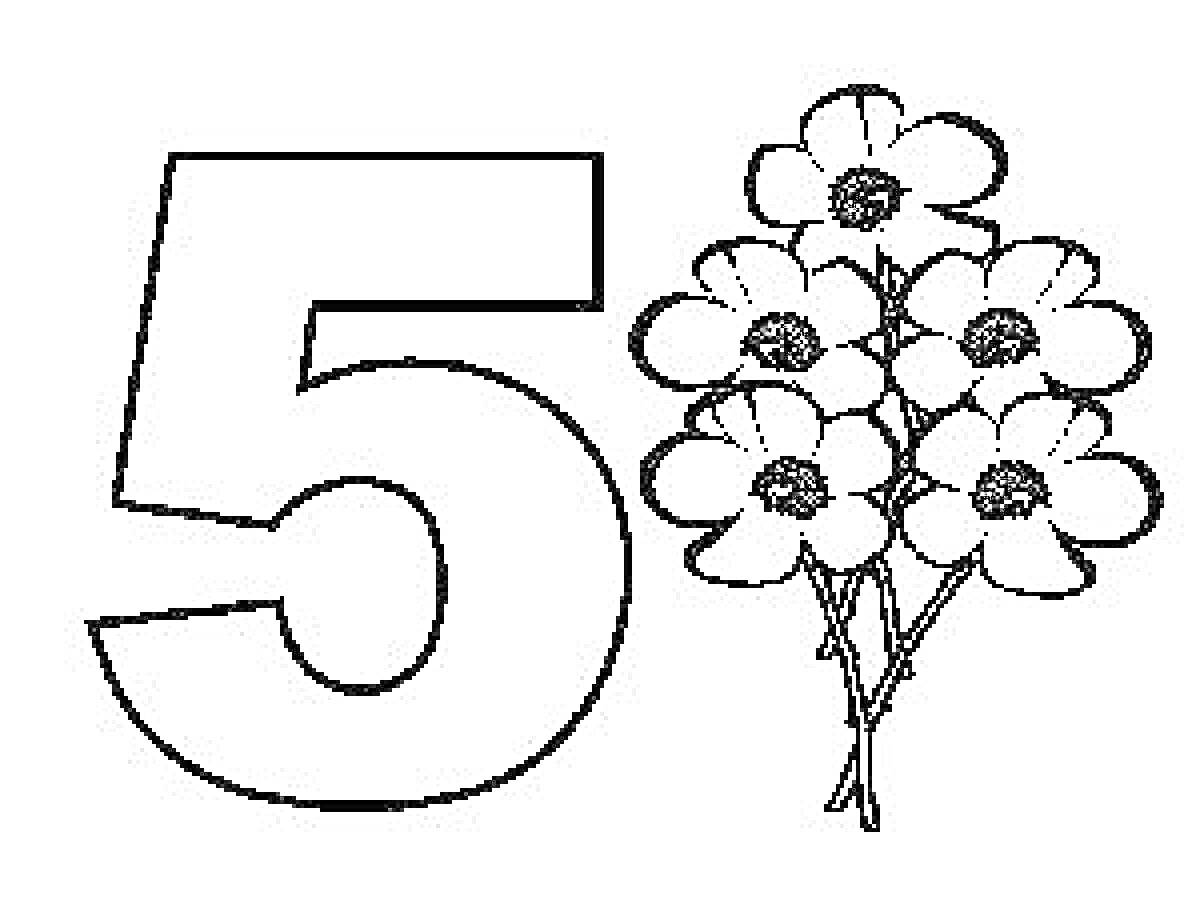 Раскраска Цифра 5 с букетом из пяти цветов