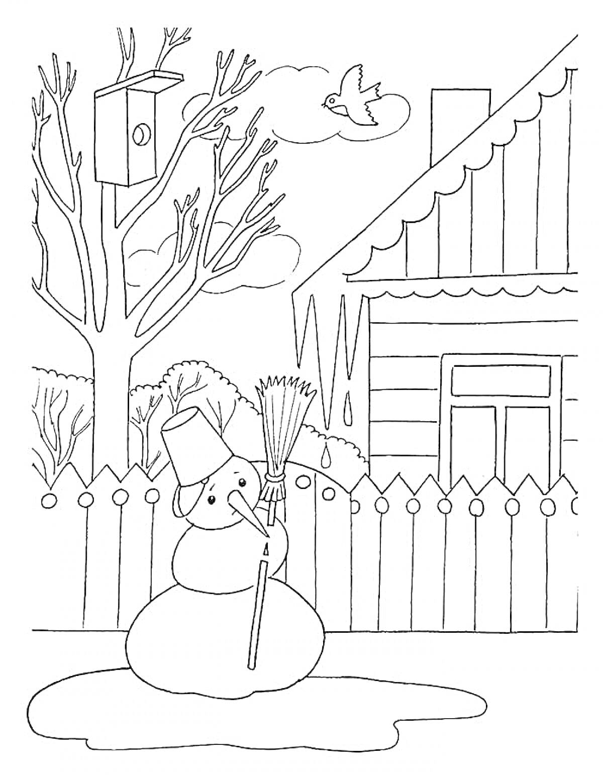 На раскраске изображено: Дом, Кормушка, Птица, Забор, Двор, Метла, Зима, Снежный человек, Деревья, Снеговики