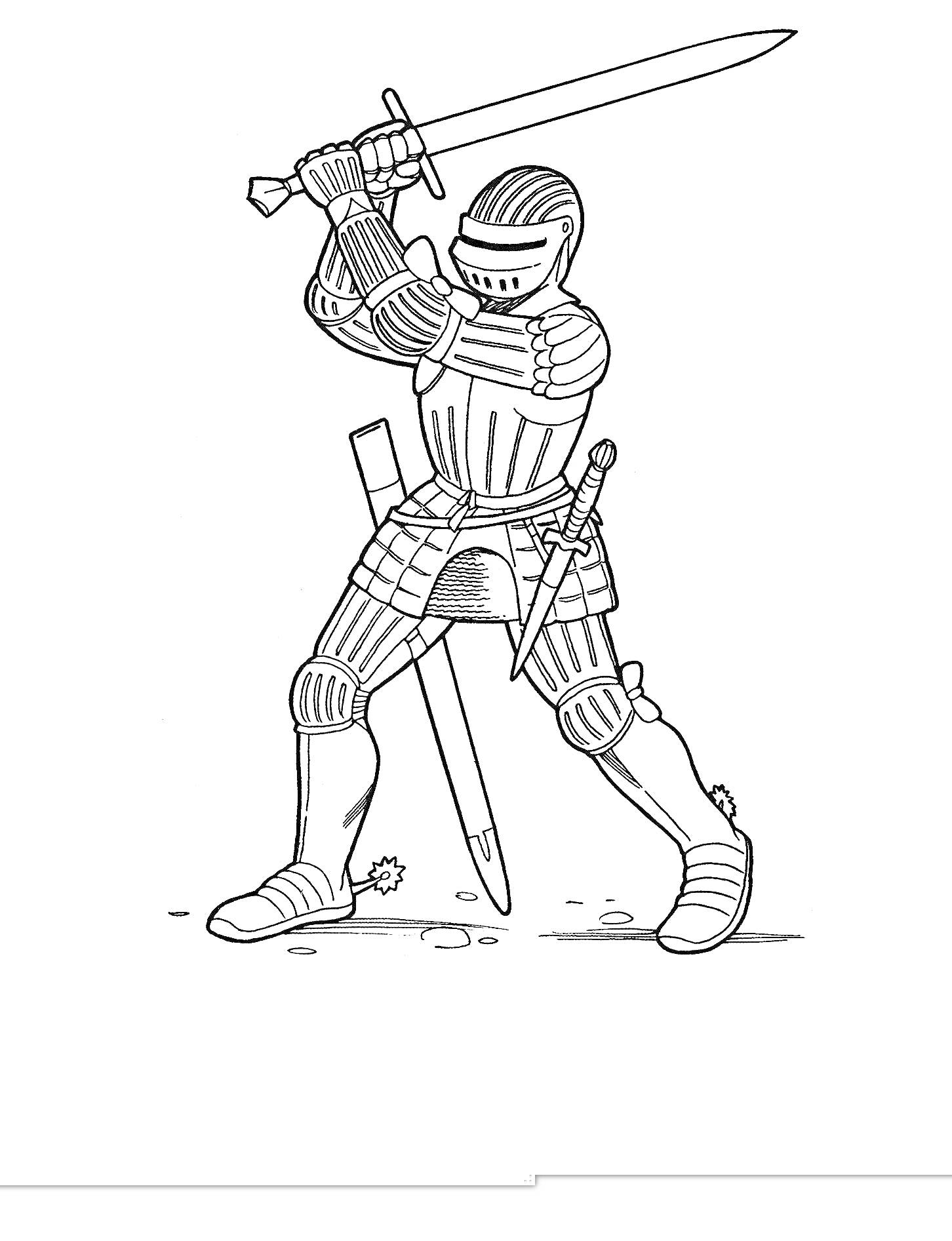 Раскраска Средневековый рыцарь с мечом, стоящий в боевой стойке