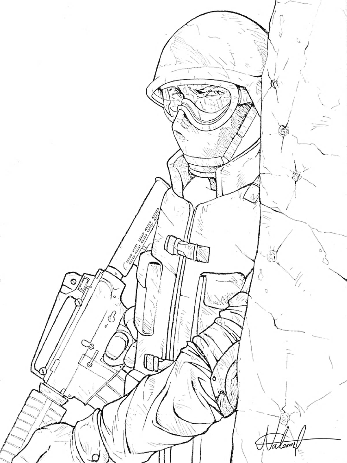 Раскраска Солдат с штурмовой винтовкой, стоящий за стеной