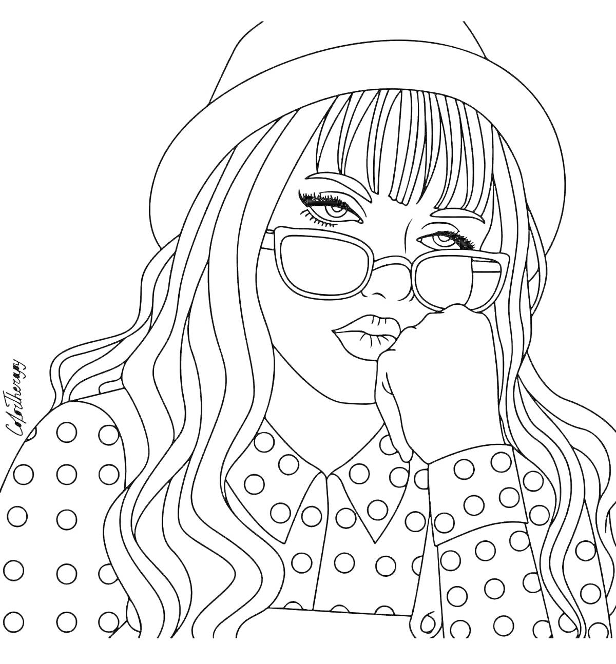 Раскраска Девушка в шляпе, с длинными волосами, очками, в блузке в горошек с воротником