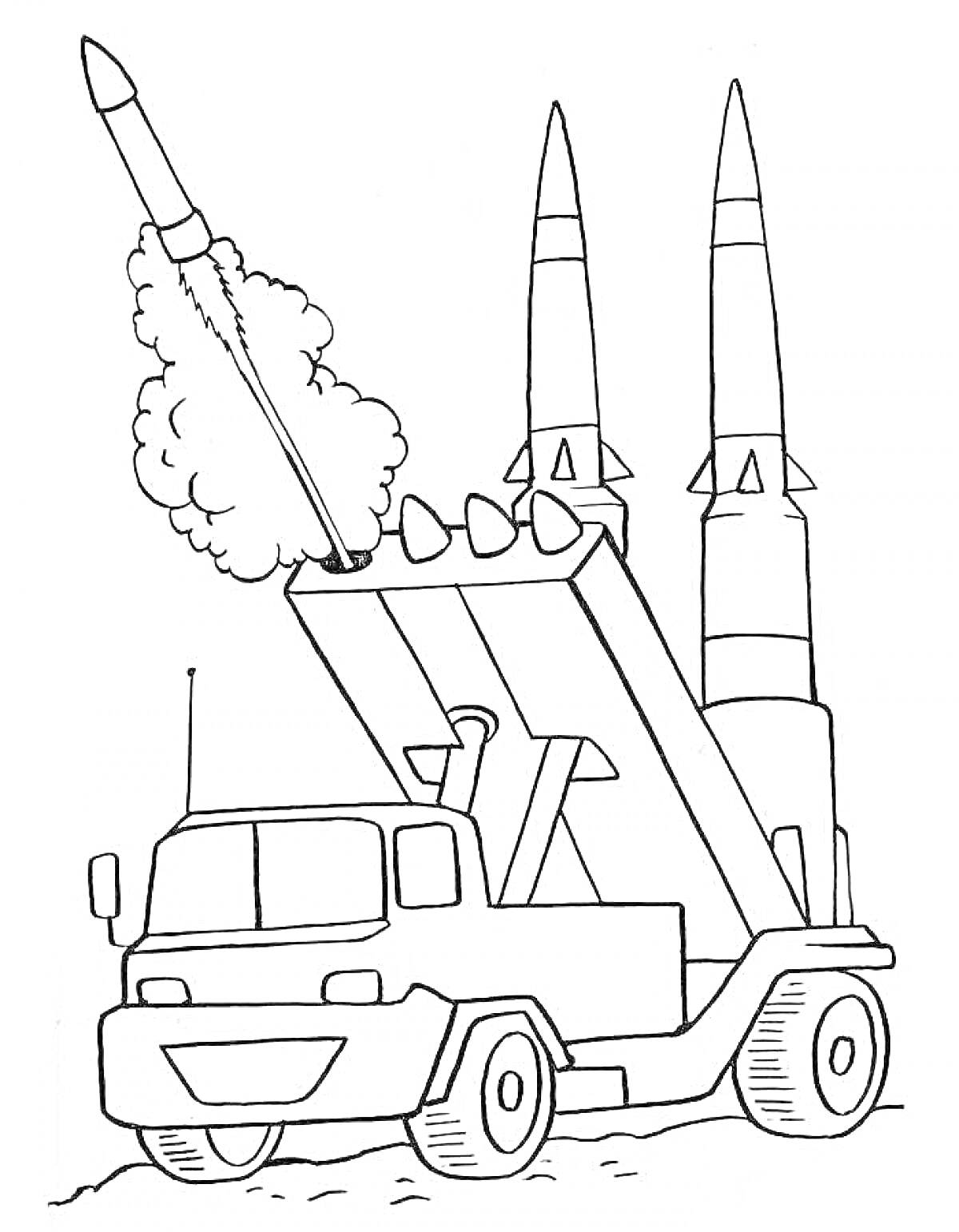 На раскраске изображено: Пусковая установка, Ракета, Военная техника, Боевая техника, Оружие