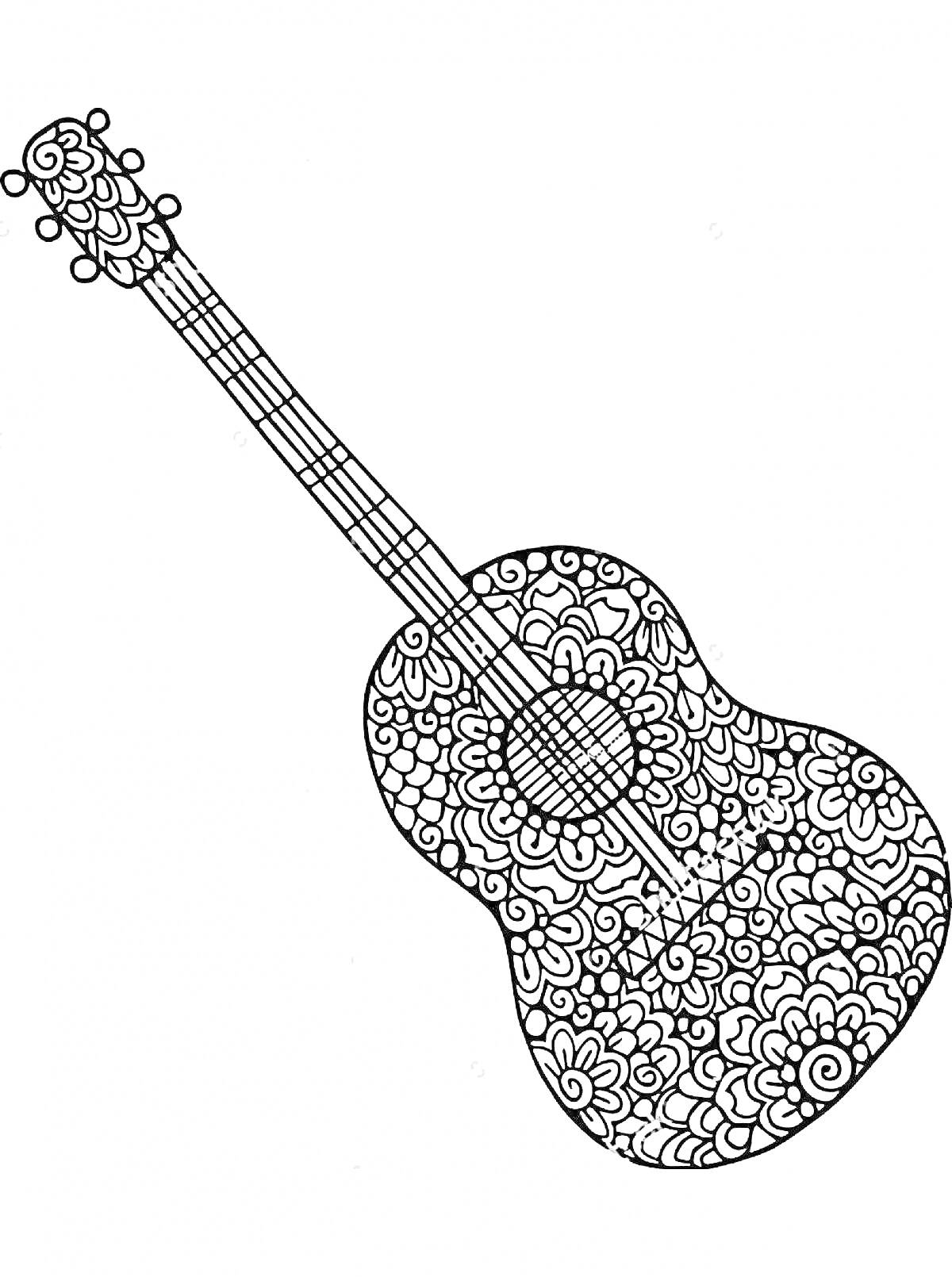 На раскраске изображено: Гитара, Цветы, Орнамент, Музыка, Инструмент, Творчество, Для детей