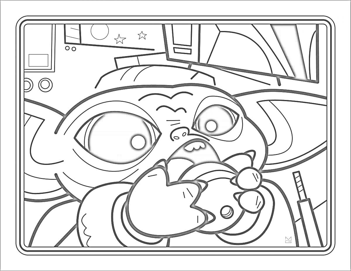 На раскраске изображено: Малыш Йода, Космический корабль, Интерьер, Большие глаза, Уши, Наука, Фантастика, Персонаж, Игрушки