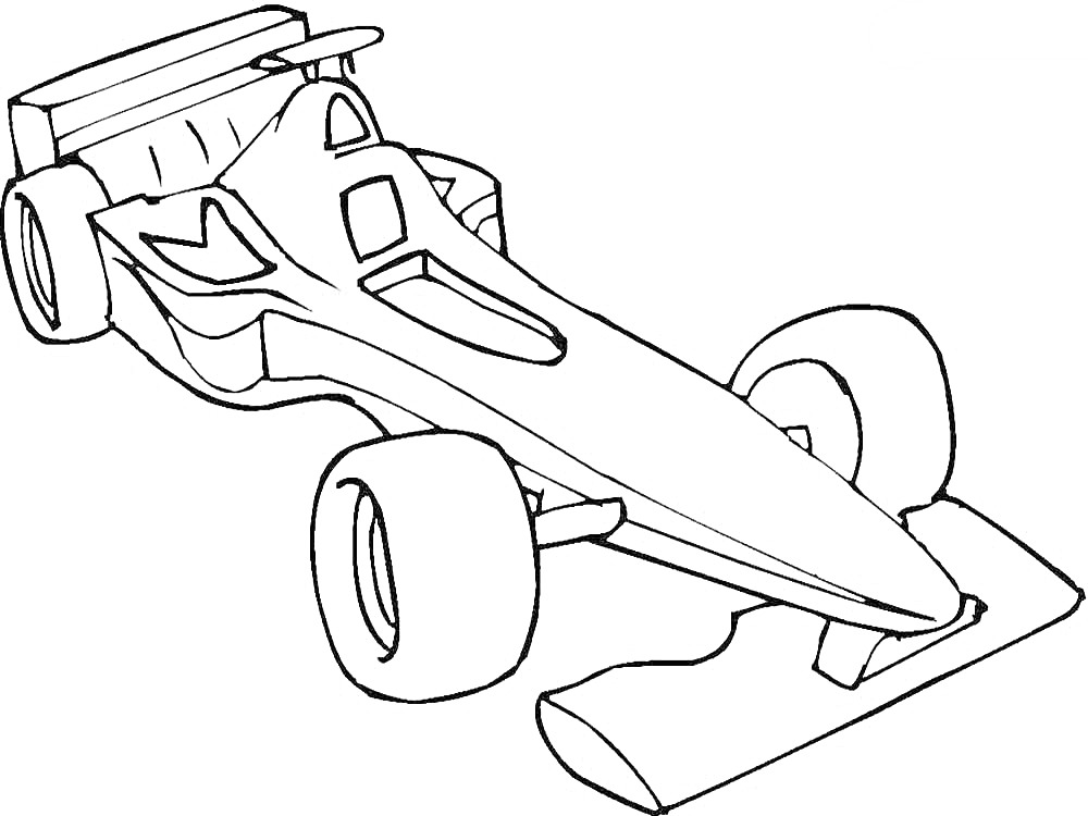 Раскраска Гоночная машинка с крупными колесами, задним антикрылом и аэродинамическим корпусом