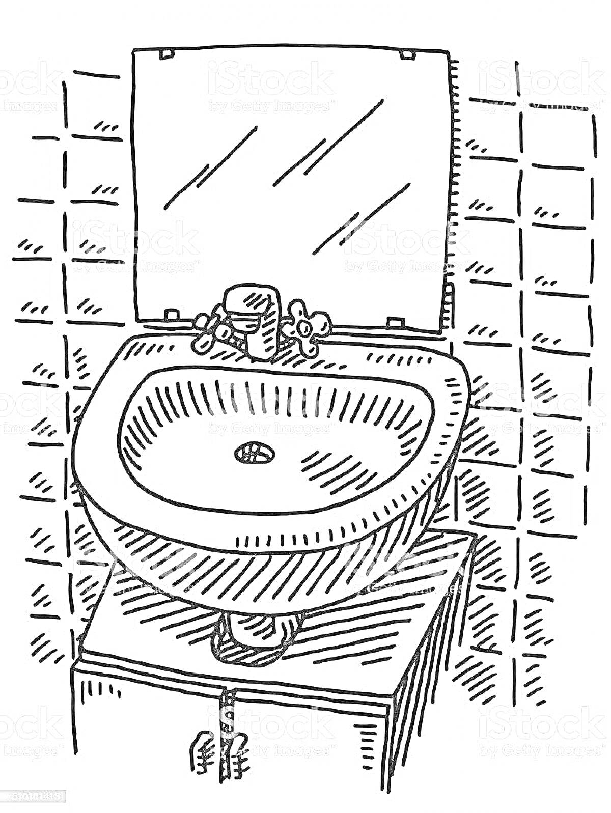 На раскраске изображено: Умывальник, Зеркало, Кран, Раковина, Плитка, Мебель, Ванная комната