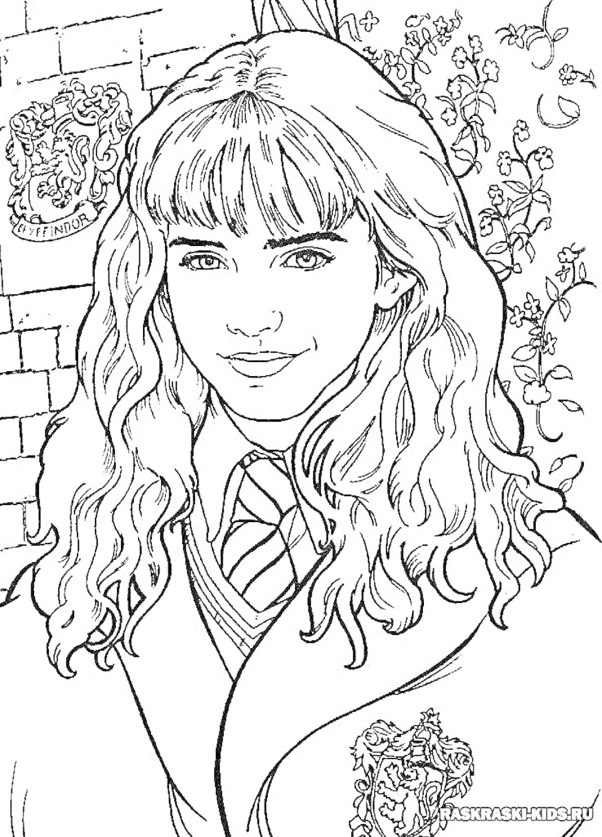 Раскраска Девочка с длинными волосами в школьной форме с узором льва на фоне стены и растений