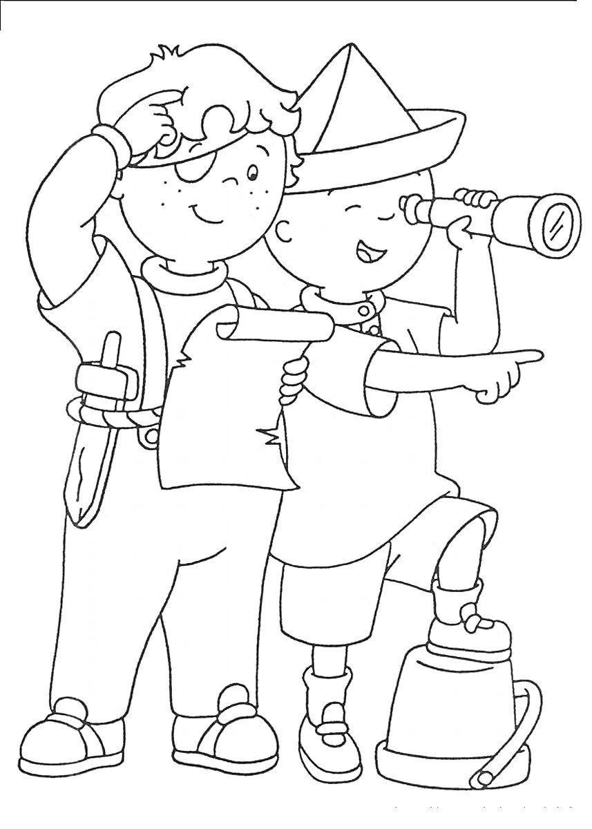 Раскраска Два мальчика с картой и подзорной трубой
