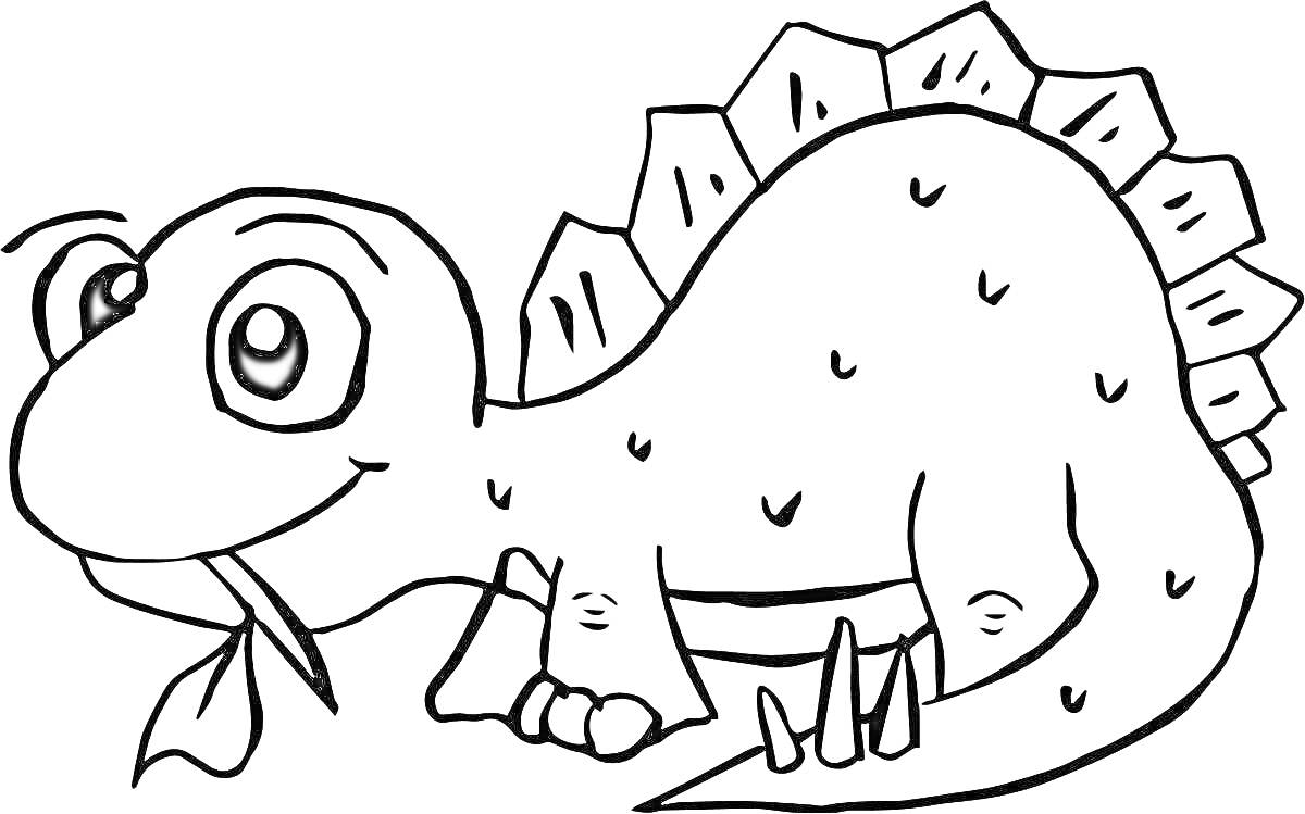 Раскраска Динозавр с языком с защитными пластинами на спине, большими глазами и когтями