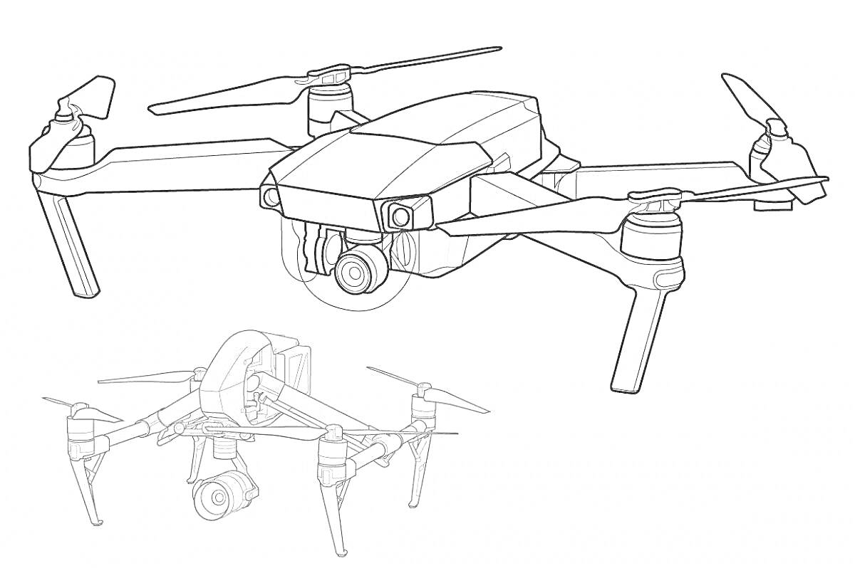 На раскраске изображено: Дрон, Камера, Лопасти, Техника, Аэроплан, Летательный аппарат, Модель