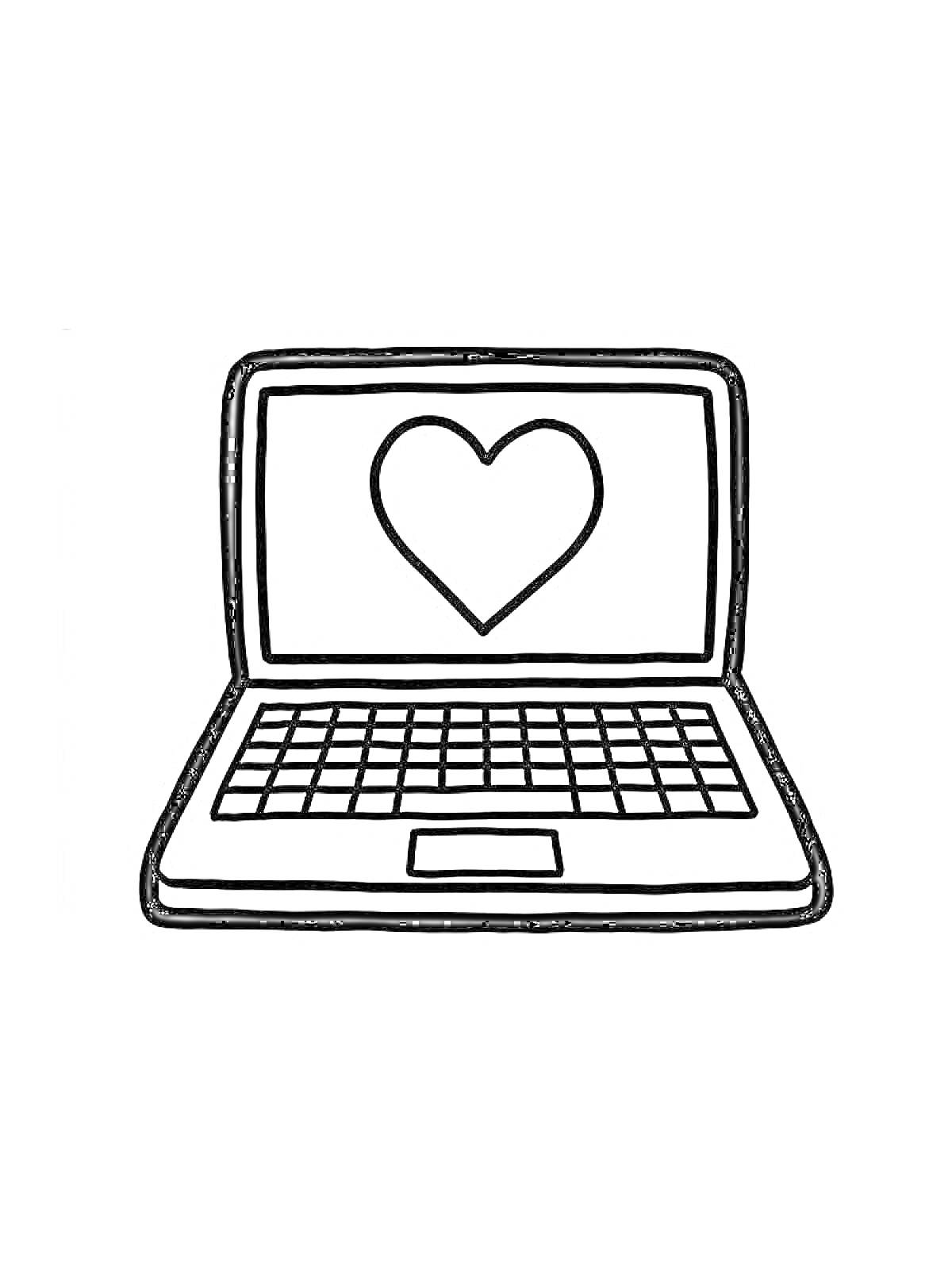 На раскраске изображено: Ноутбук, Экран, Клавиатура, Любовь, Техника, Сердца