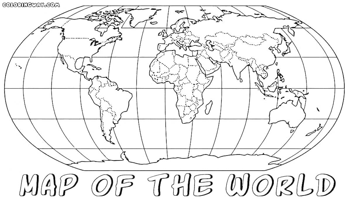 На раскраске изображено: Карта, Мир, Политическая карта, Границы, Надпись, География, Глобус, Континенты, Океаны