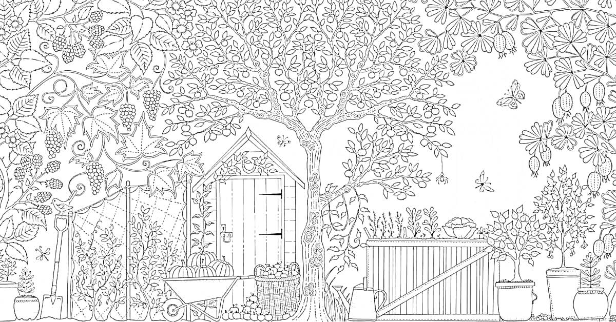 Раскраска Садовый пейзаж с деревом, калиткой, цветами в горшках и бабочками