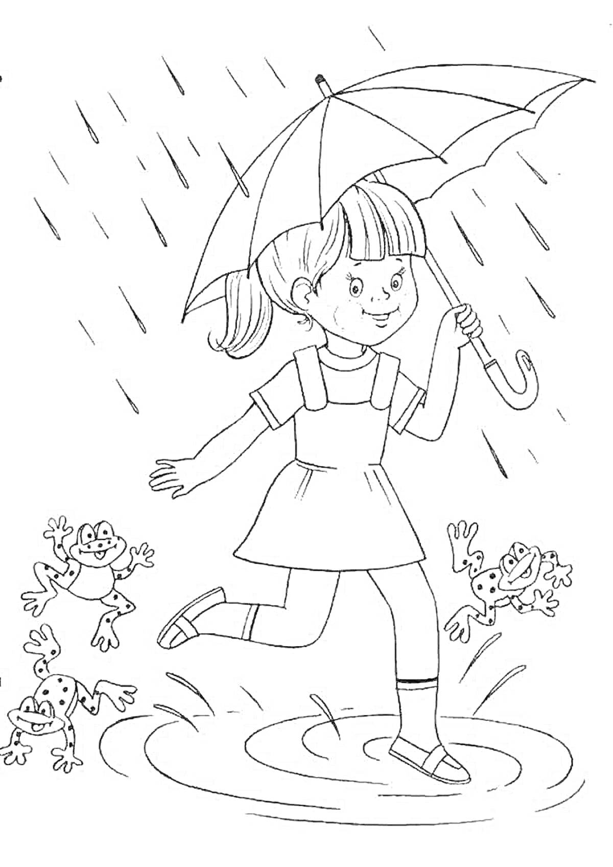 Раскраска Девочка под зонтом прыгает по лужам с лягушками под дождём