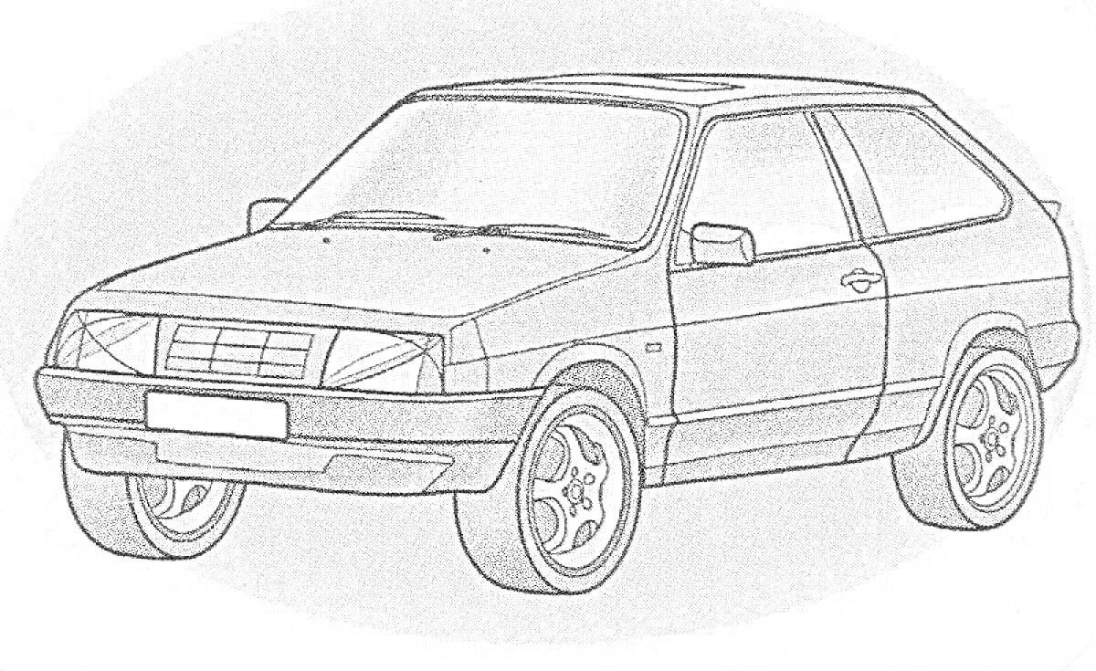 На раскраске изображено: ВАЗ 2108, Транспорт, Колёса, Фары, Шины, Стекла, Зеркало, Кузов, Спорткар