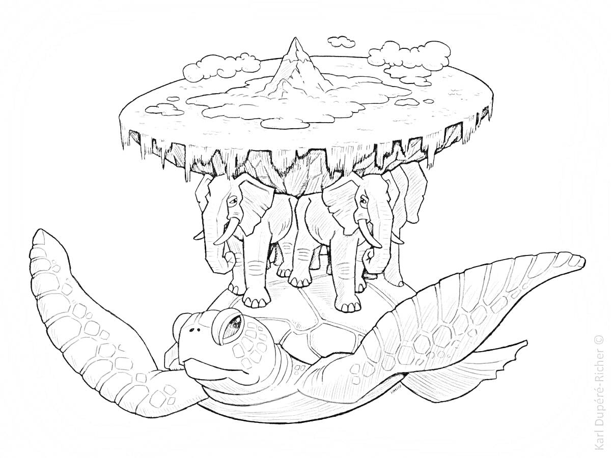 На раскраске изображено: Черепаха, Плоский мир, Горы, Облака, Фантастика, Мифические существа